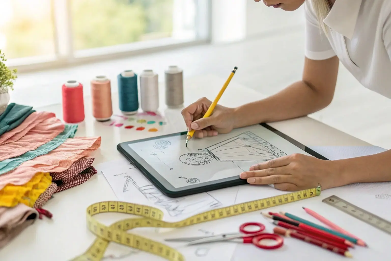 Fashion designer sketching on digital tablet with sewing materials