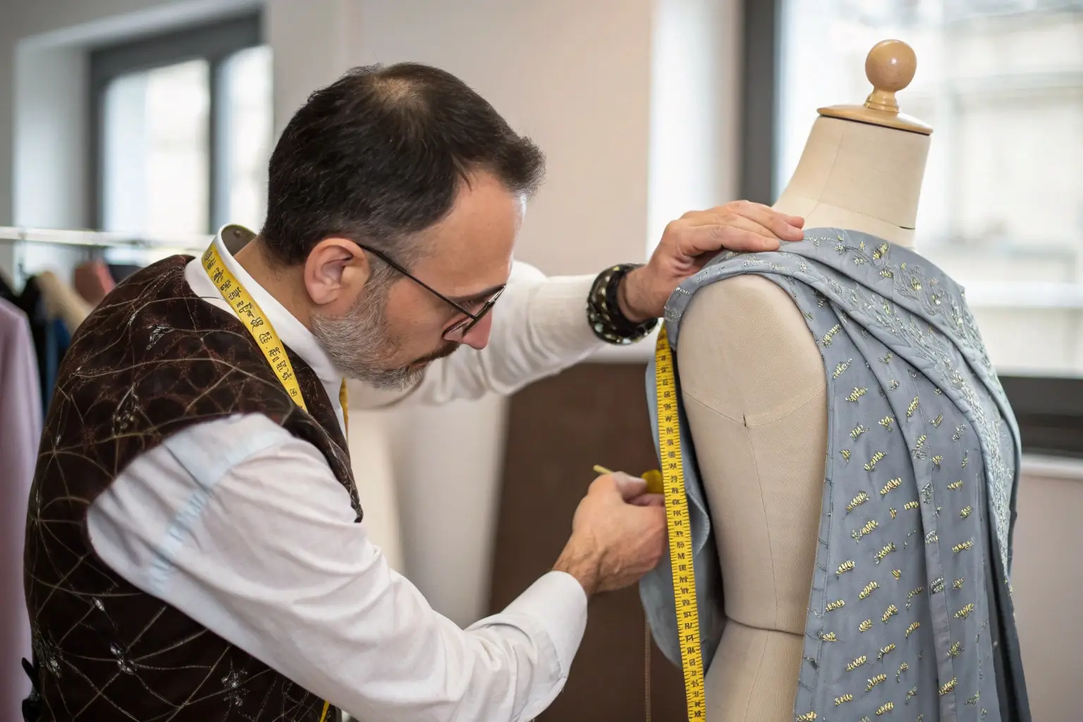 Tailor measuring fabric on a mannequin for custom dressmaking