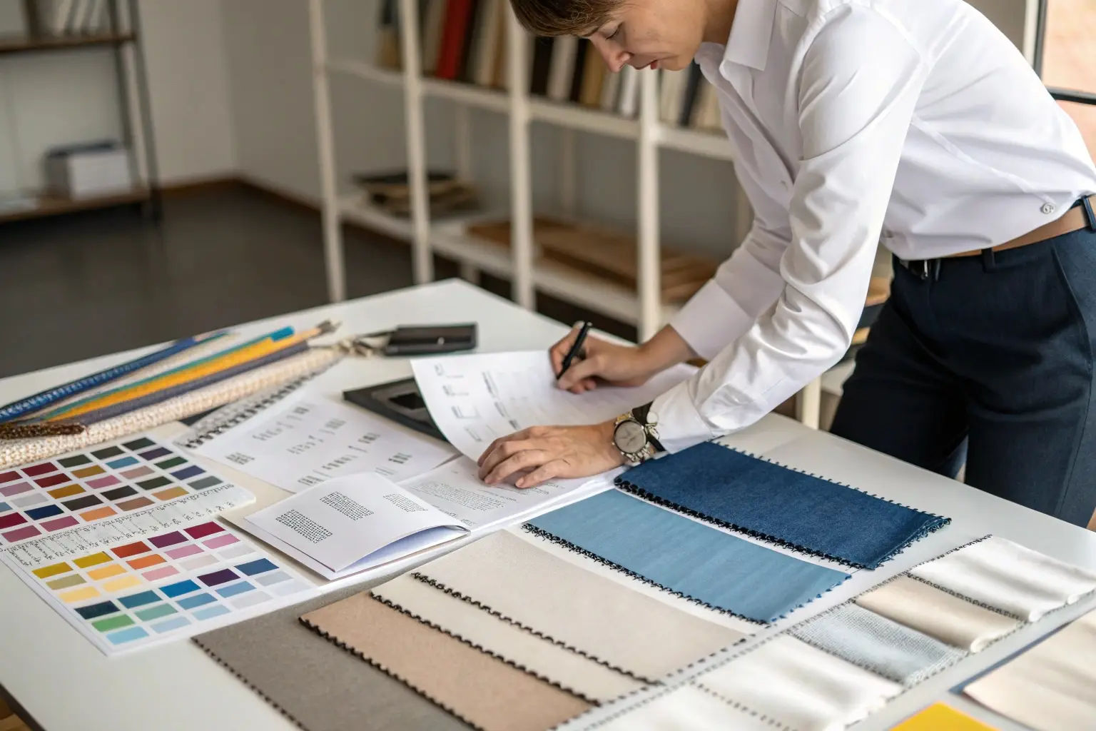 Fashion designer reviewing fabric samples and color palettes