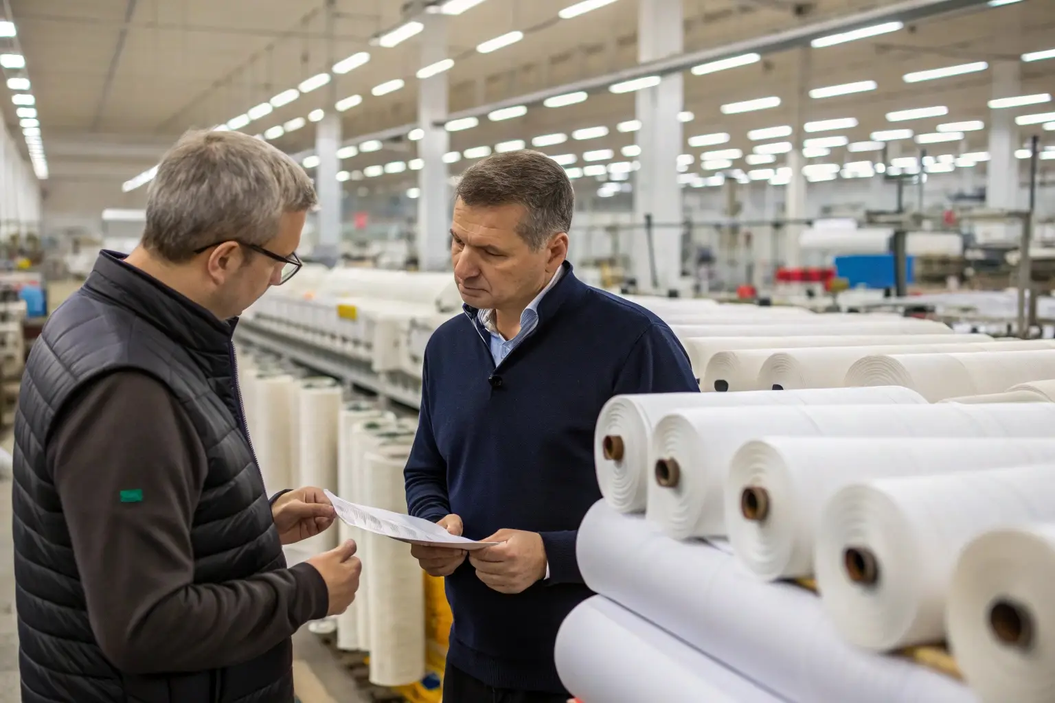 Textile factory managers discussing production details