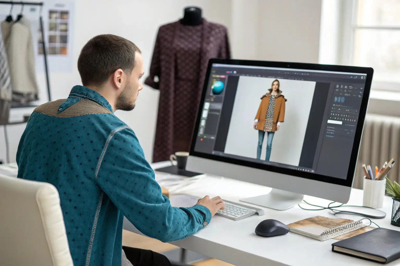 Fashion designer editing clothing images, professional workspace