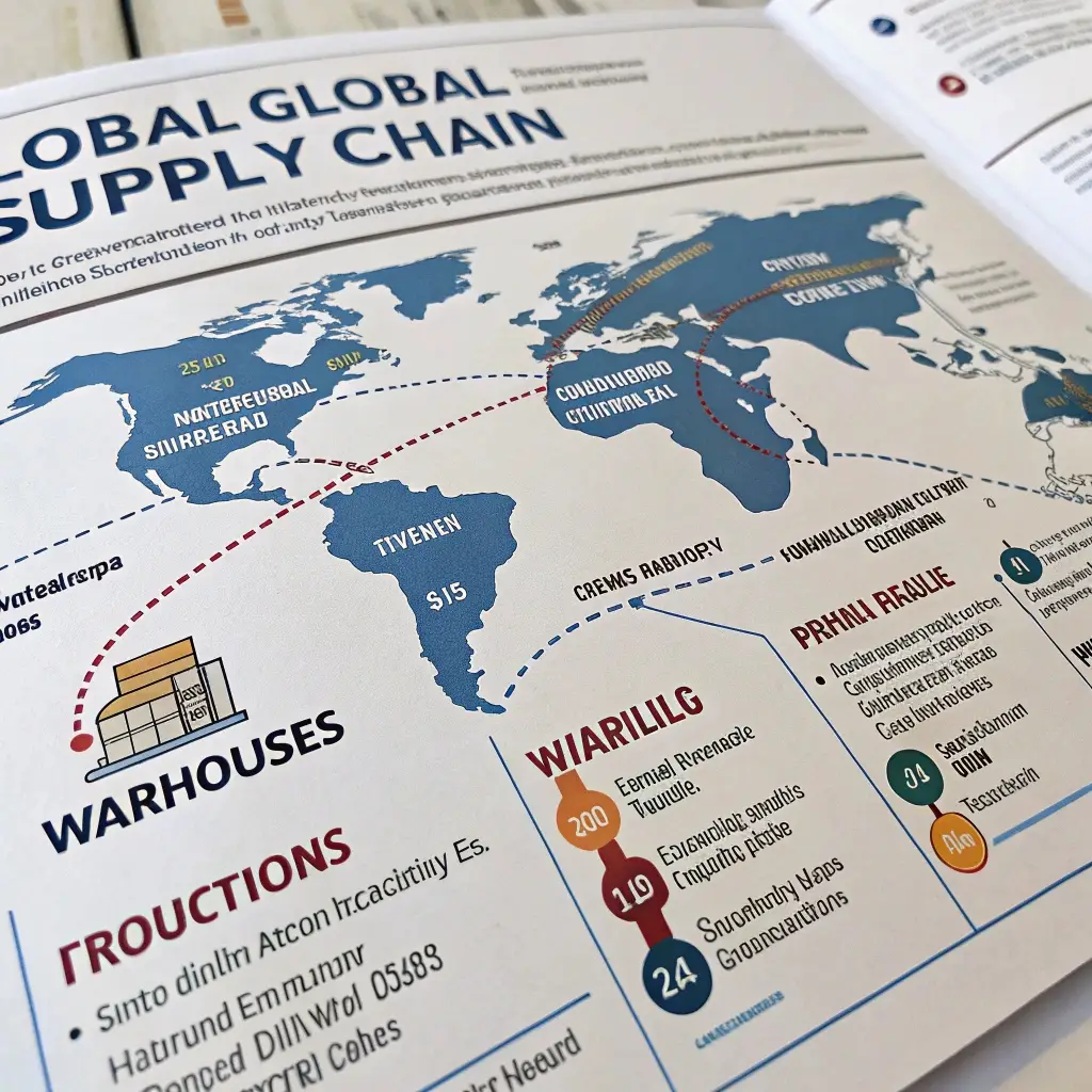 Global supply chain infographic with warehouse locations