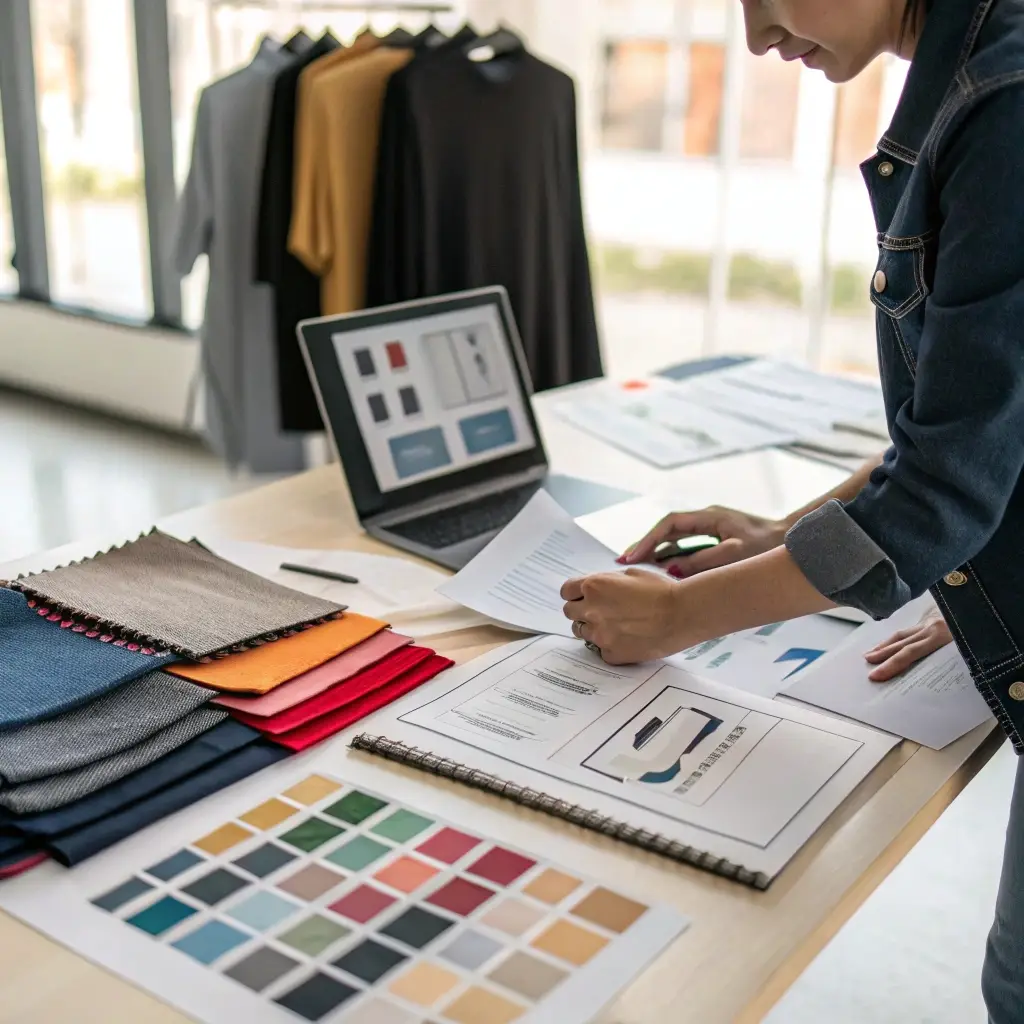 Fashion designer working with fabric samples and color swatches