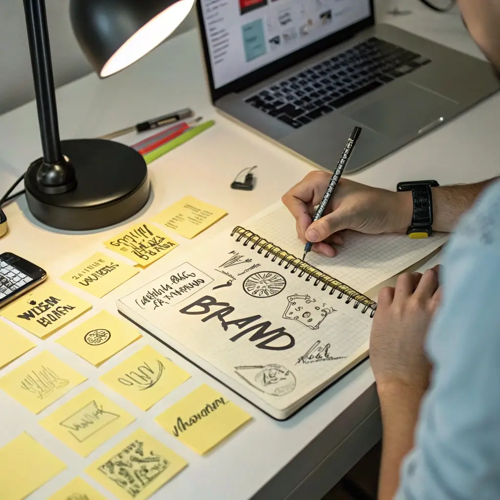 Designer sketching brand logo ideas in a notebook