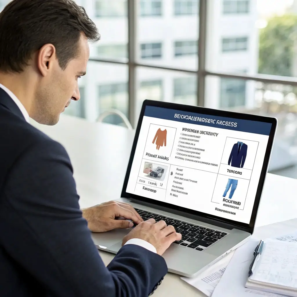 Business professional reviewing clothing production data on laptop