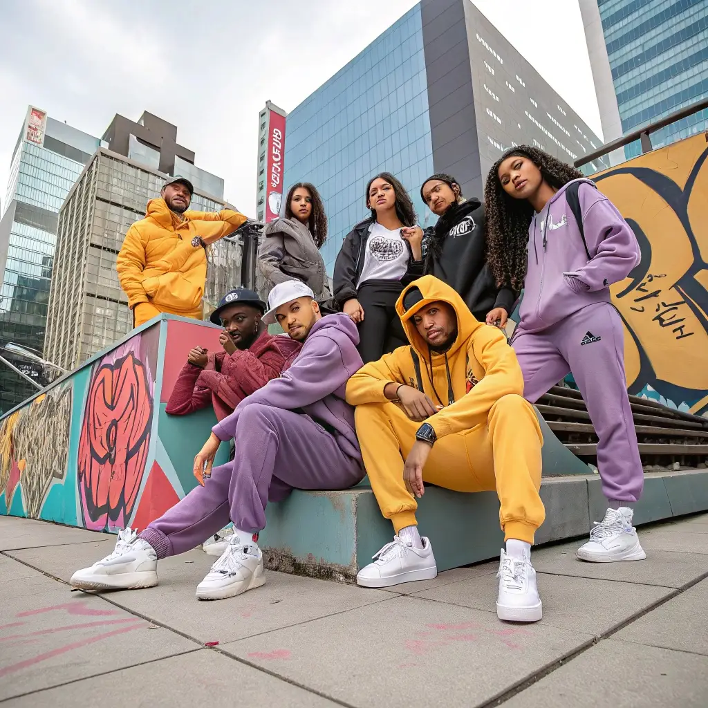 Trendy urban streetwear fashion group posing in city