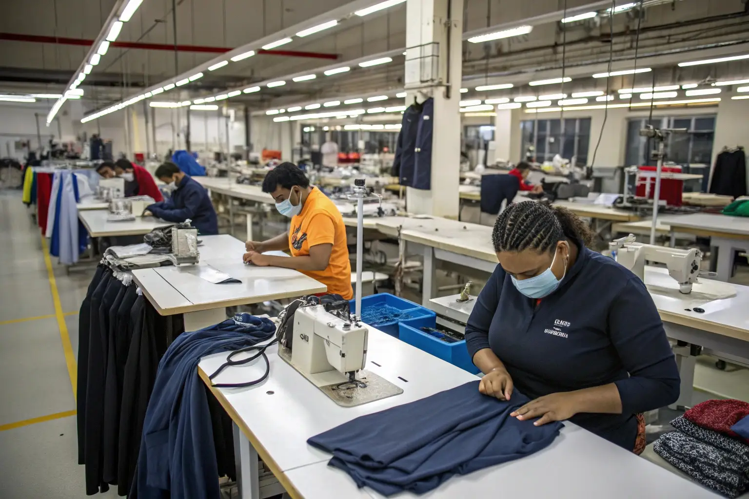 Garment factory workers sewing clothes, efficient production process