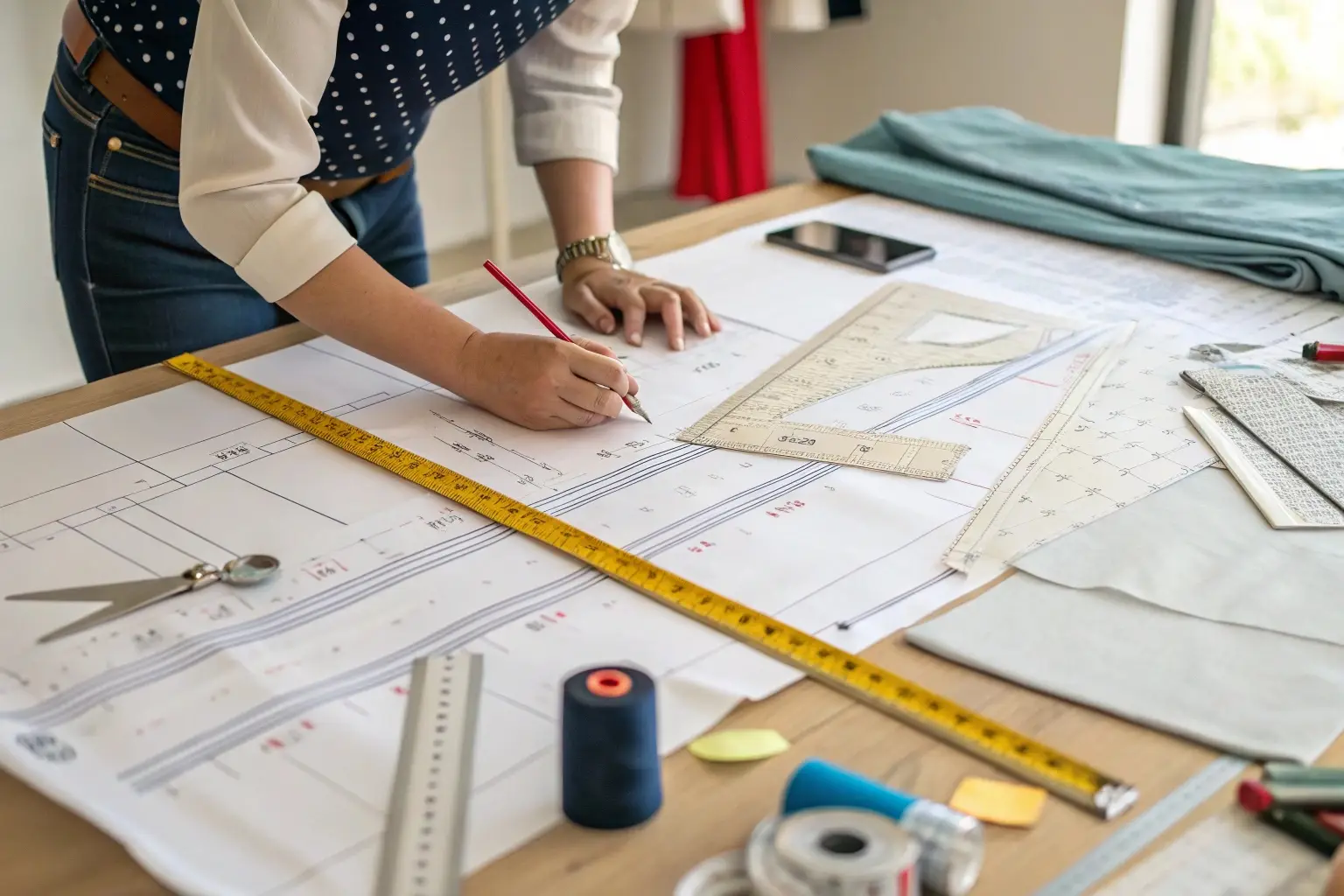 Fashion designer drafting clothing patterns, precision tailoring process
