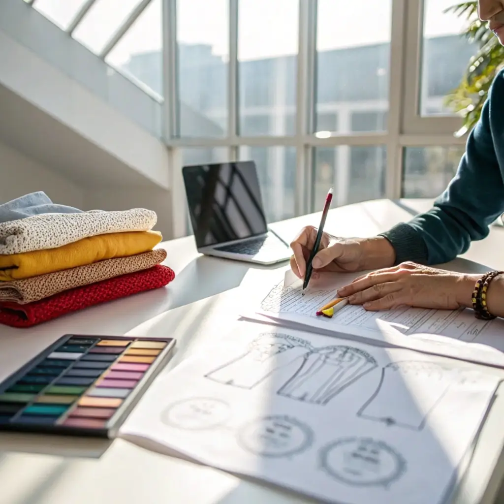 Fashion Design Desk Design sketching and fabric planning, sunlight through windows