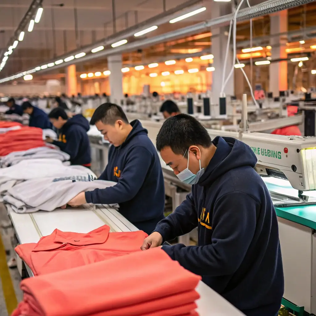 Clothing Manufacturing Factory workers folding clothes, industrial production lines