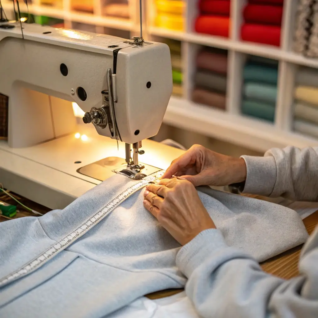 Sewing Process Tailoring machine sewing gray fabric, measuring tape visible