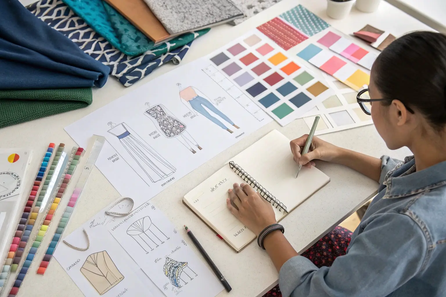 Fashion designer creating sketches, fabric selection and color matching