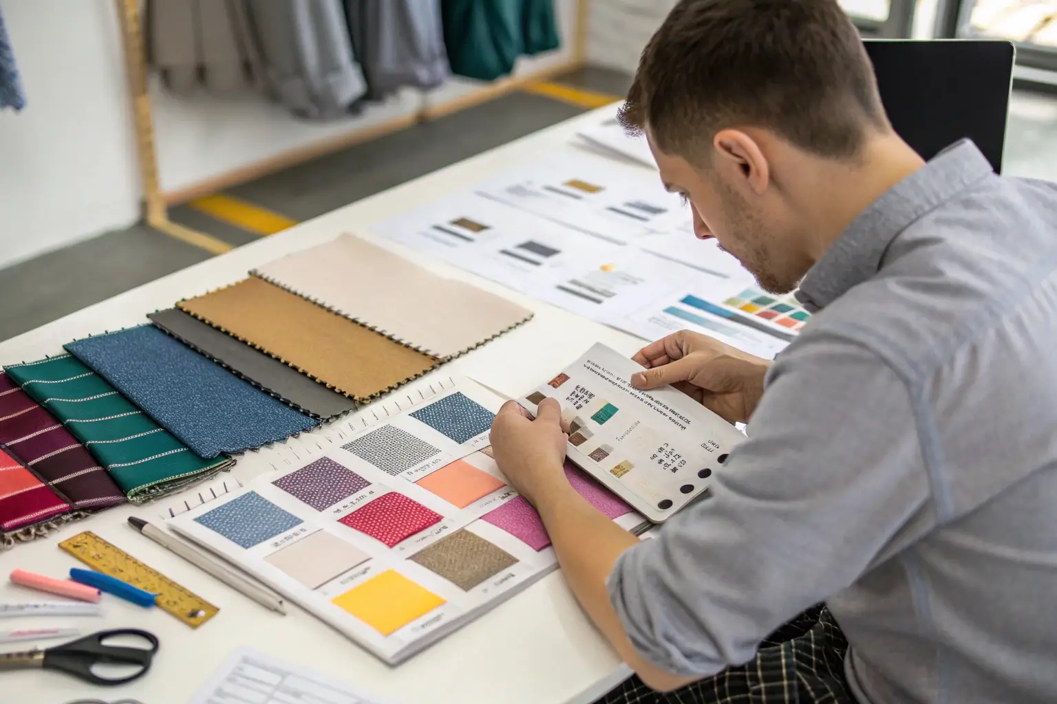 Fashion designer selecting fabric samples, textile quality analysis