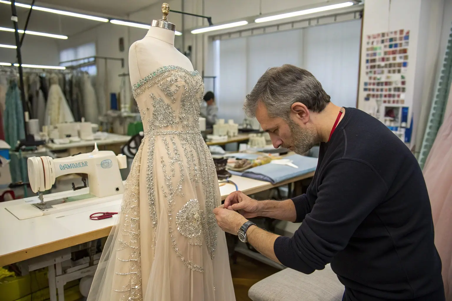 Designer handcrafting an elegant gown, luxury fashion tailoring