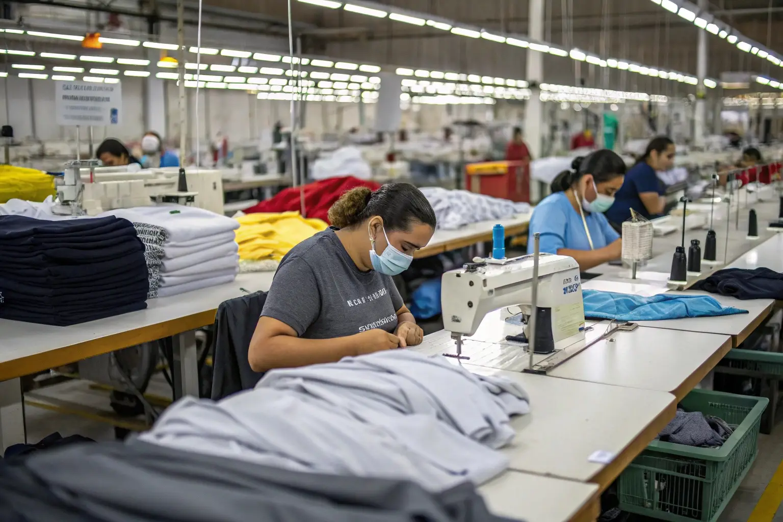 Factory workers sewing garments, large-scale clothing production line