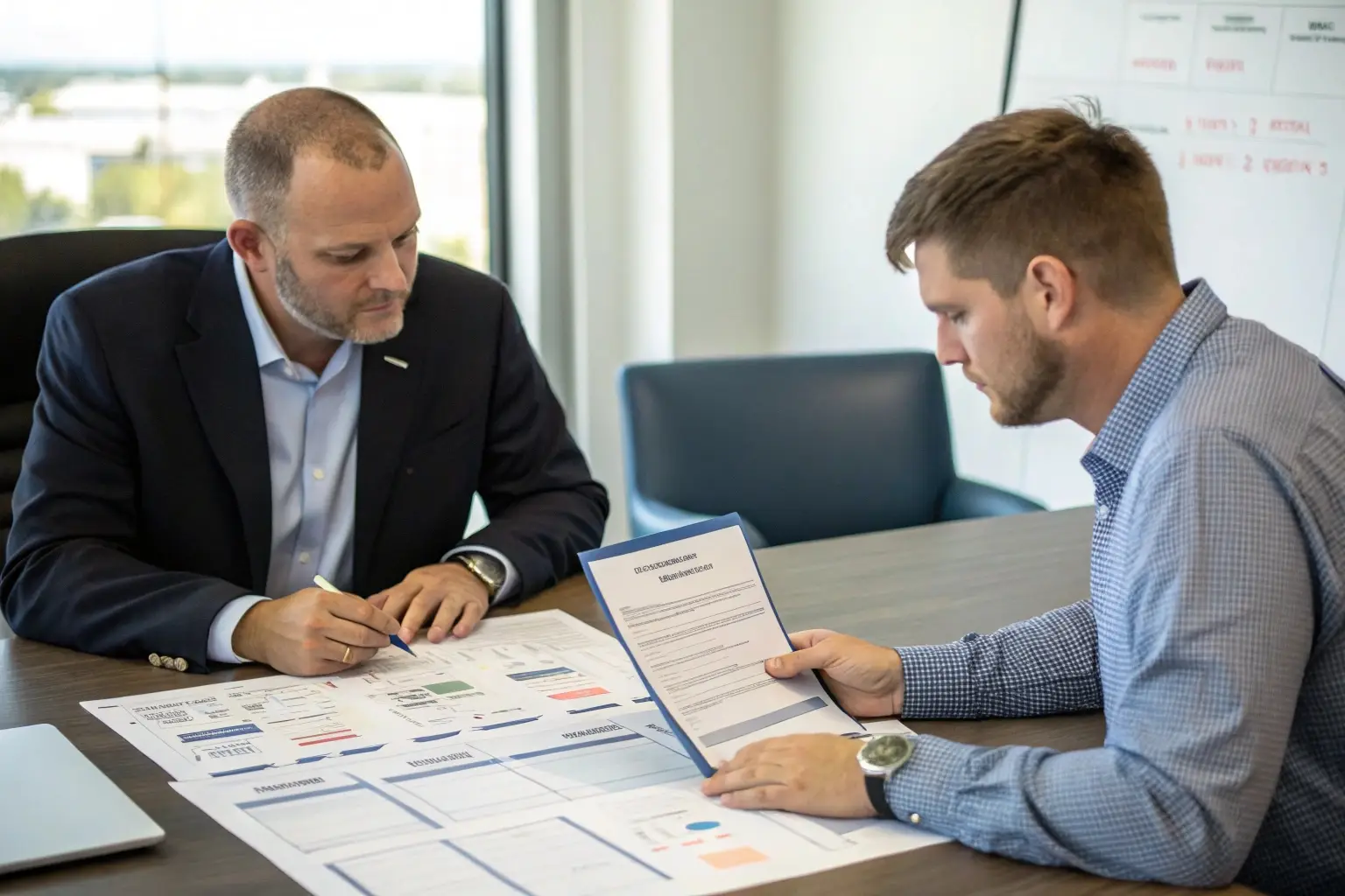 Business meeting discussing clothing manufacturing contracts and strategies