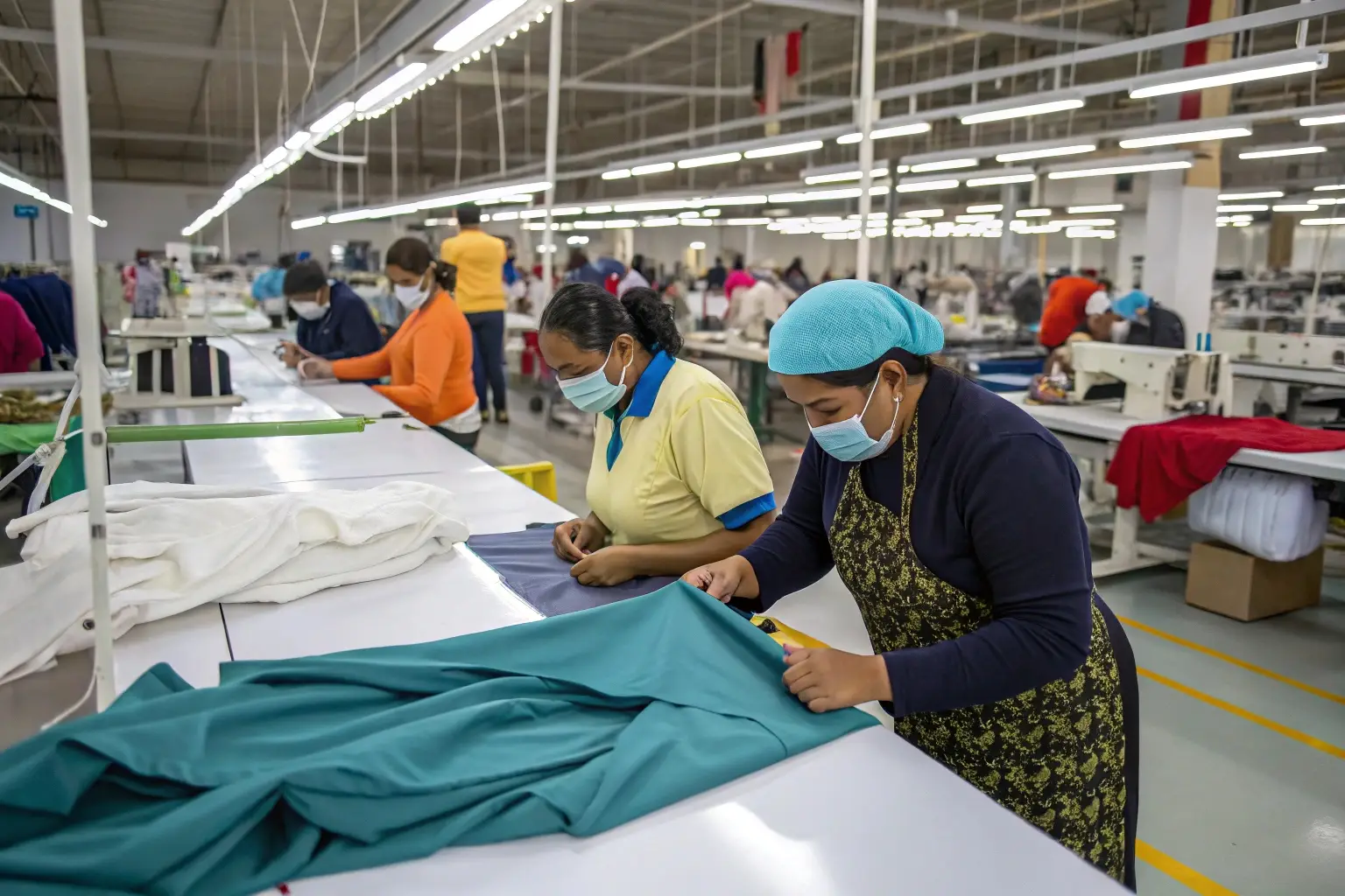 Workers inspecting and sewing garments in a clothing factory