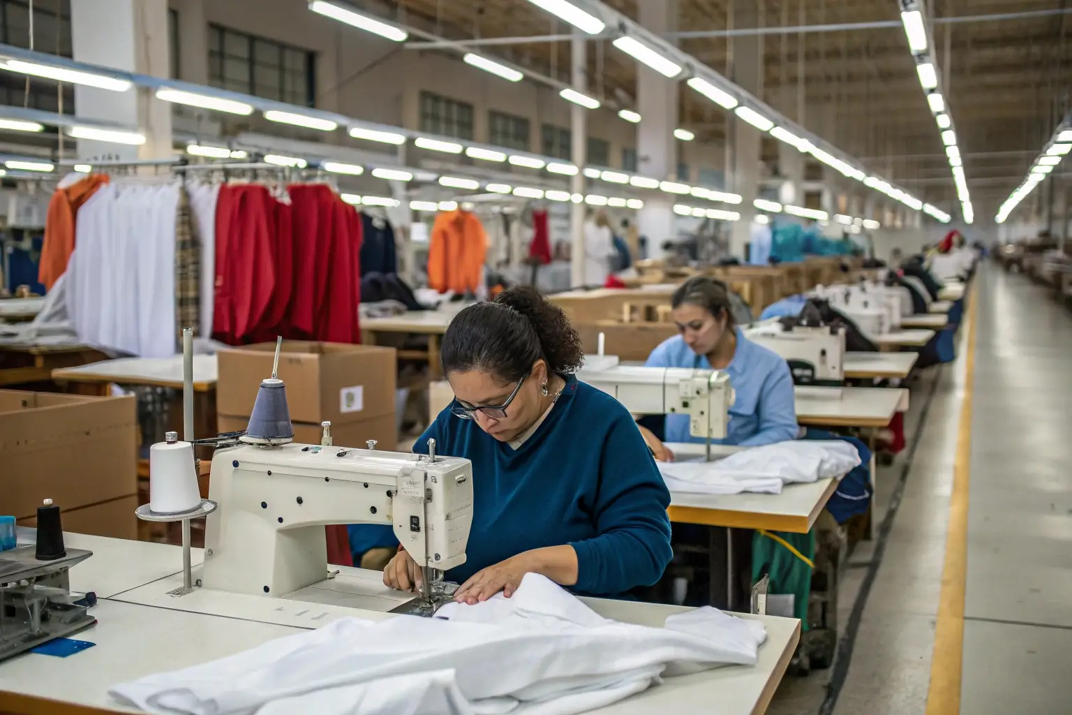 Garment factory workers sewing clothes, efficient production line