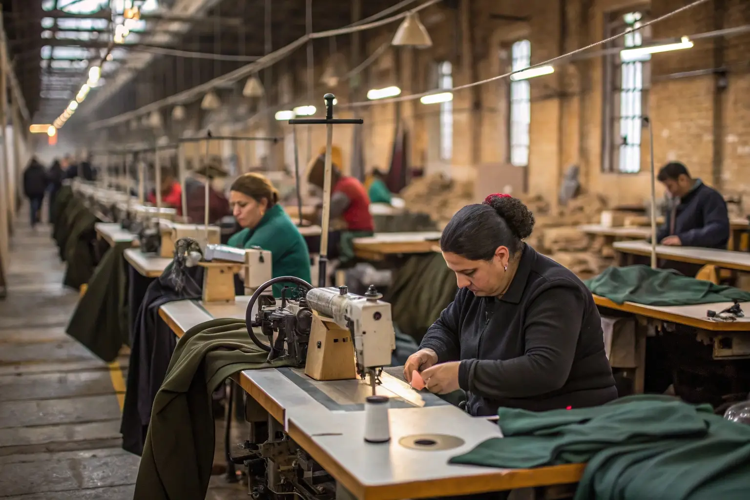 Workers sewing garments in a textile factory, industrial production