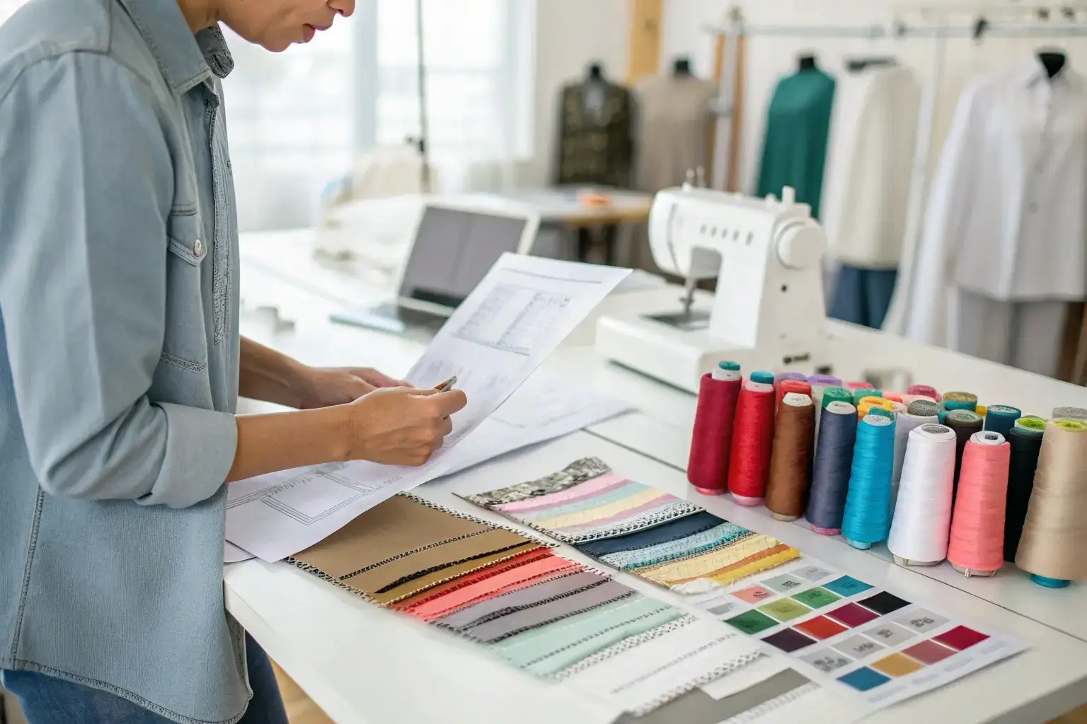 Fashion designer reviewing fabric samples, textile production planning