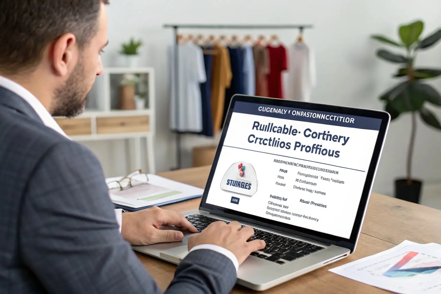 Fashion business professional analyzing clothing product details online