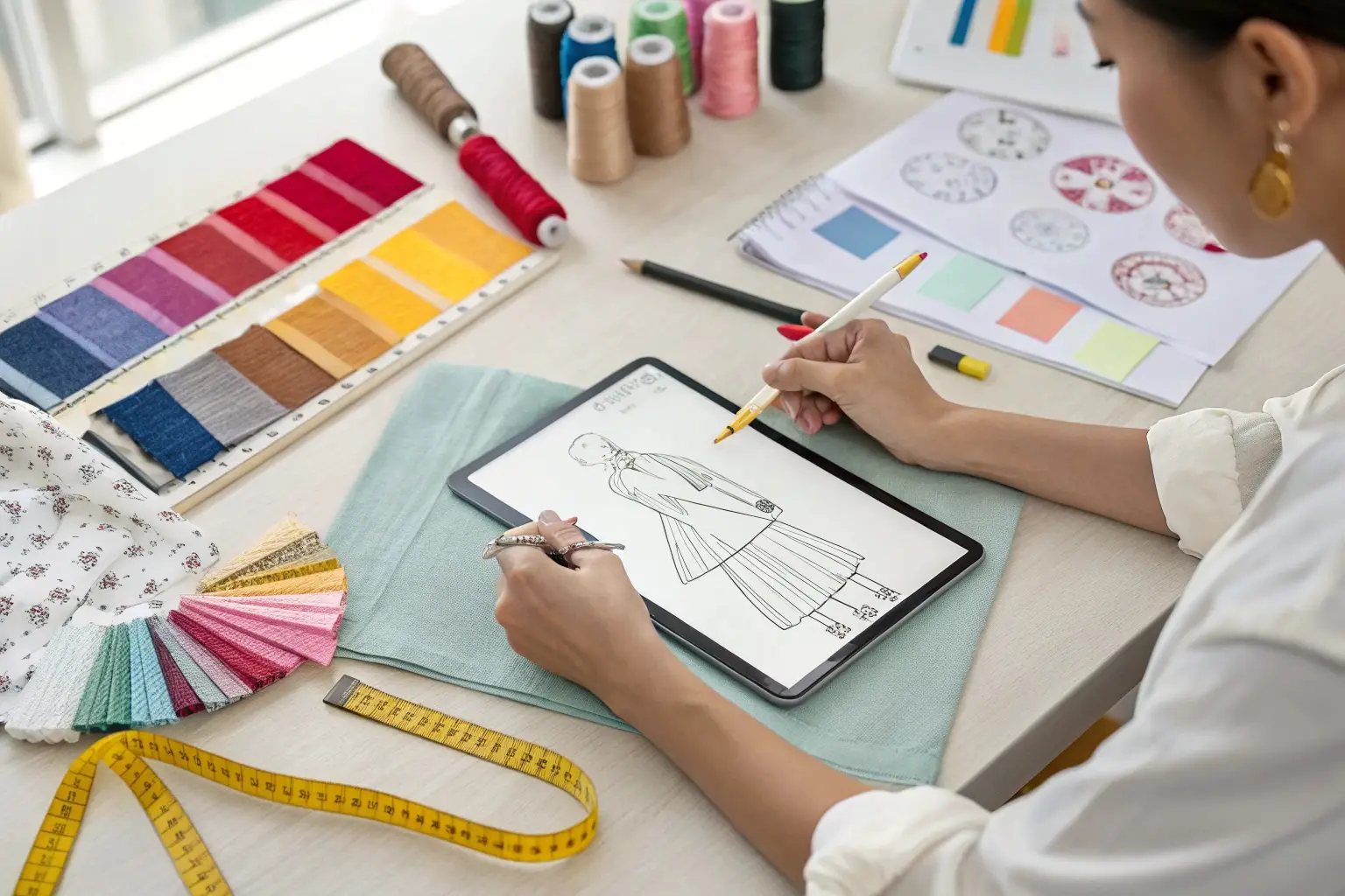 Fashion designer sketching clothing designs with fabric samples and color swatches