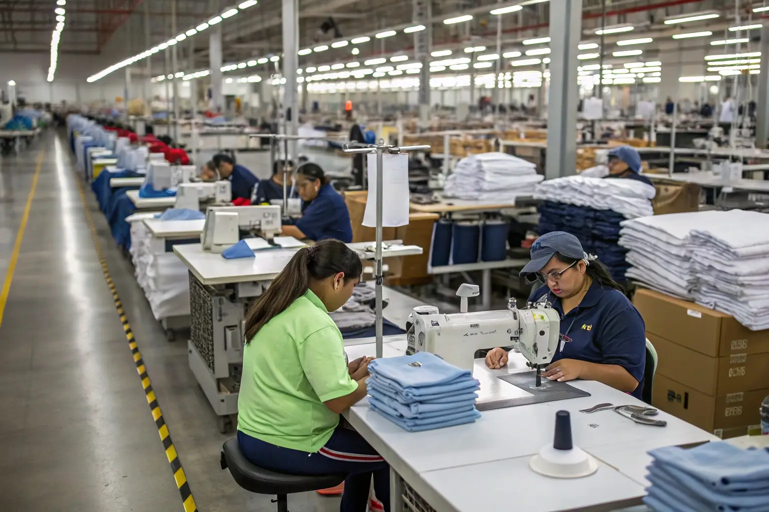 Garment factory workers sewing and inspecting clothing production