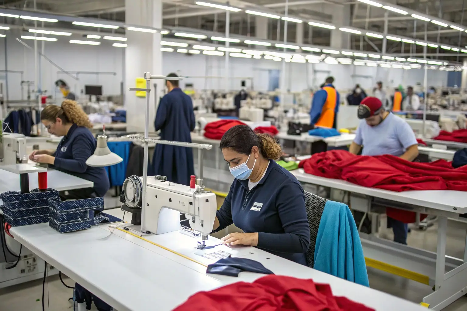 Sewing workers in a textile factory producing garments efficiently