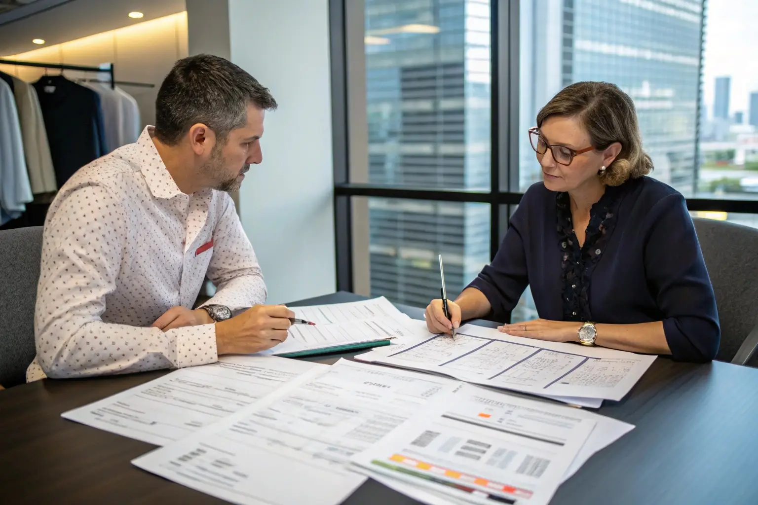 Fashion business professionals discussing clothing manufacturing contracts