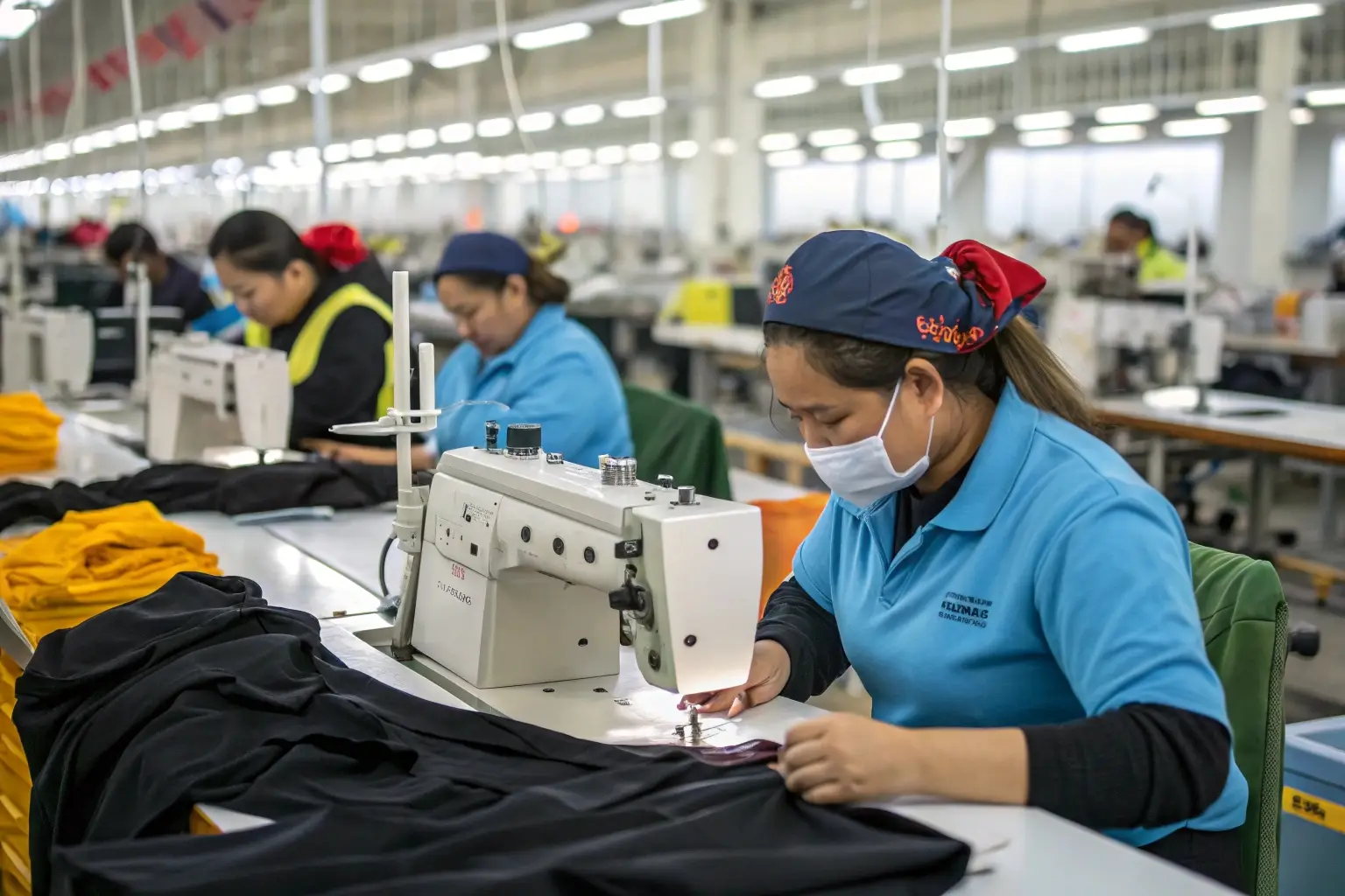 Garment factory workers sewing clothing in mass production