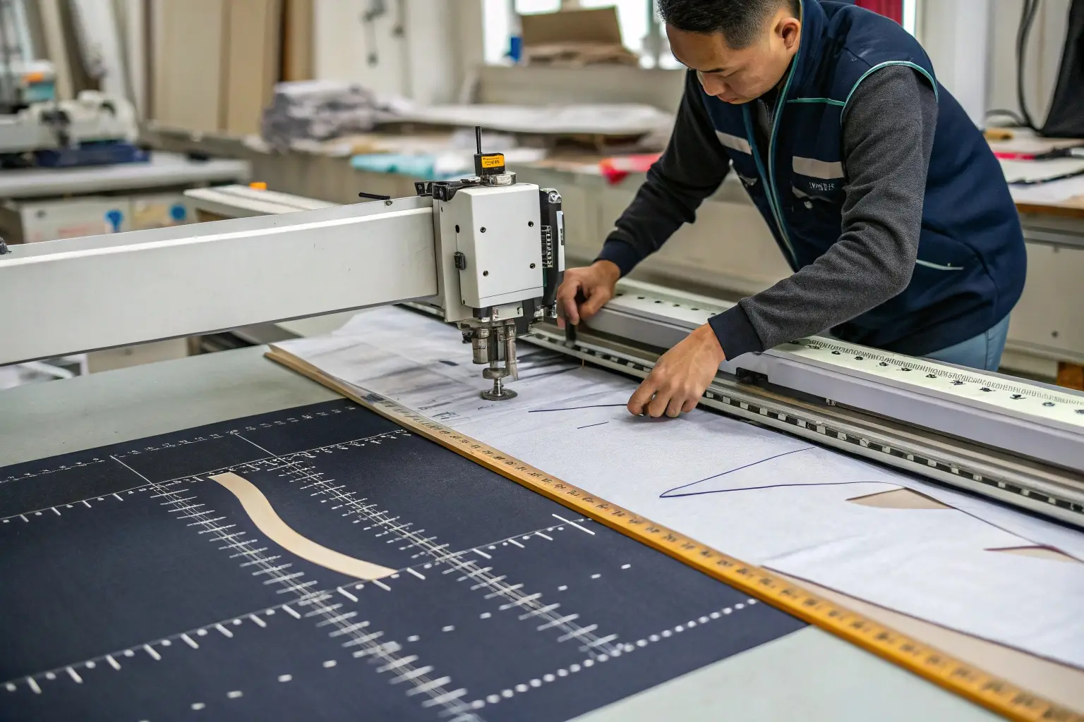 Worker using advanced fabric cutting machine for garment production