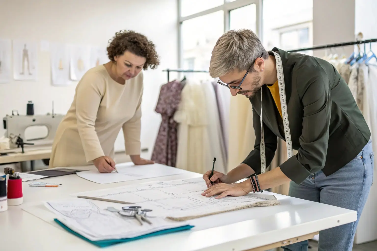 Fashion designers working on clothing patterns and sketches in a studio