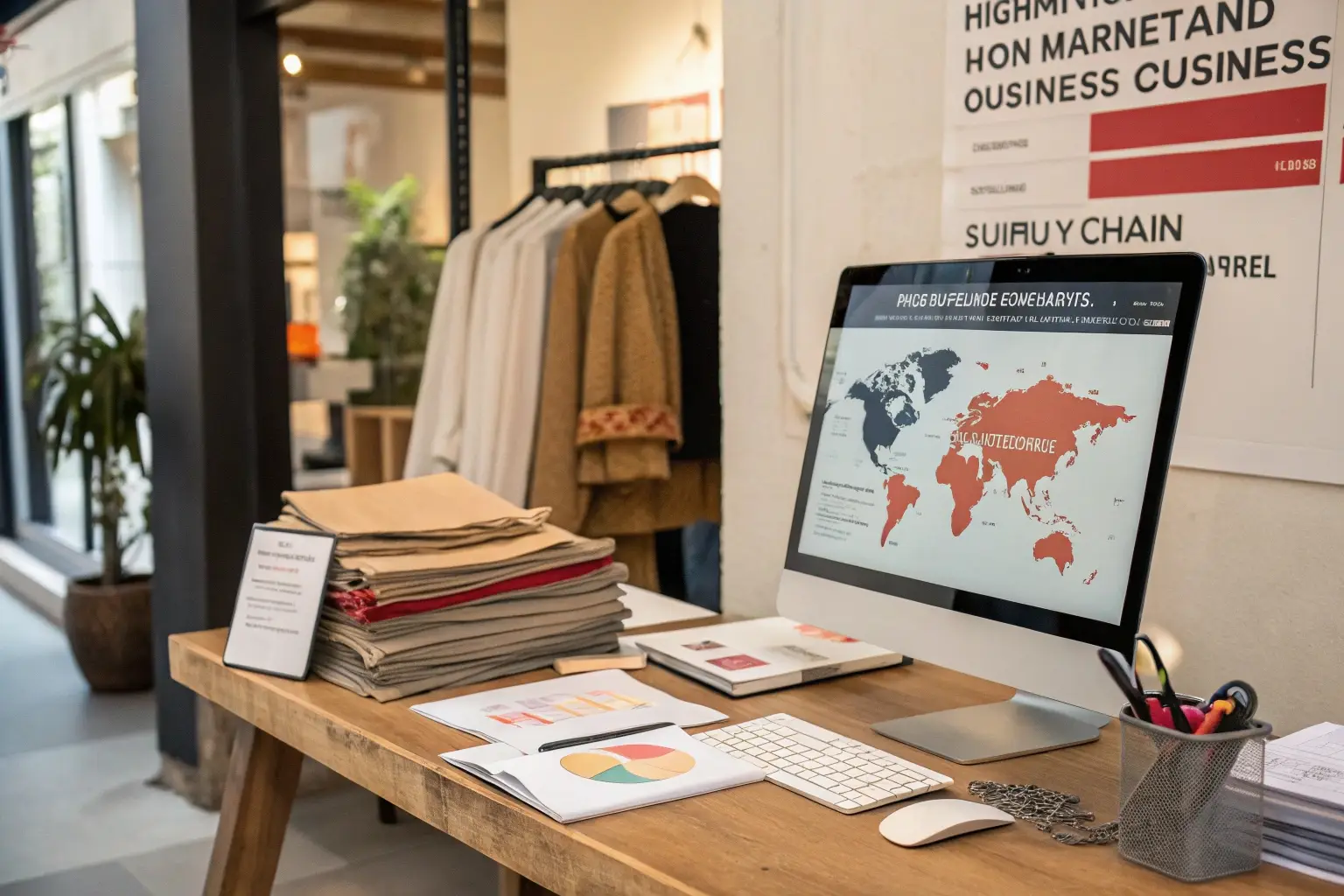 Sustainable fashion business workspace with fabric samples and supply chain data