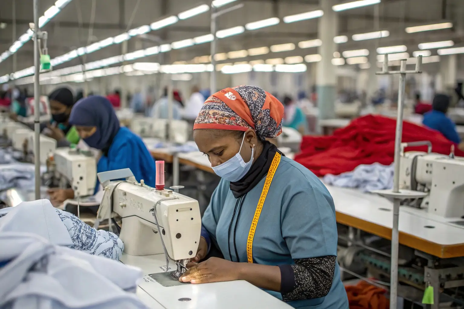 Garment factory workers sewing clothing in large-scale textile production