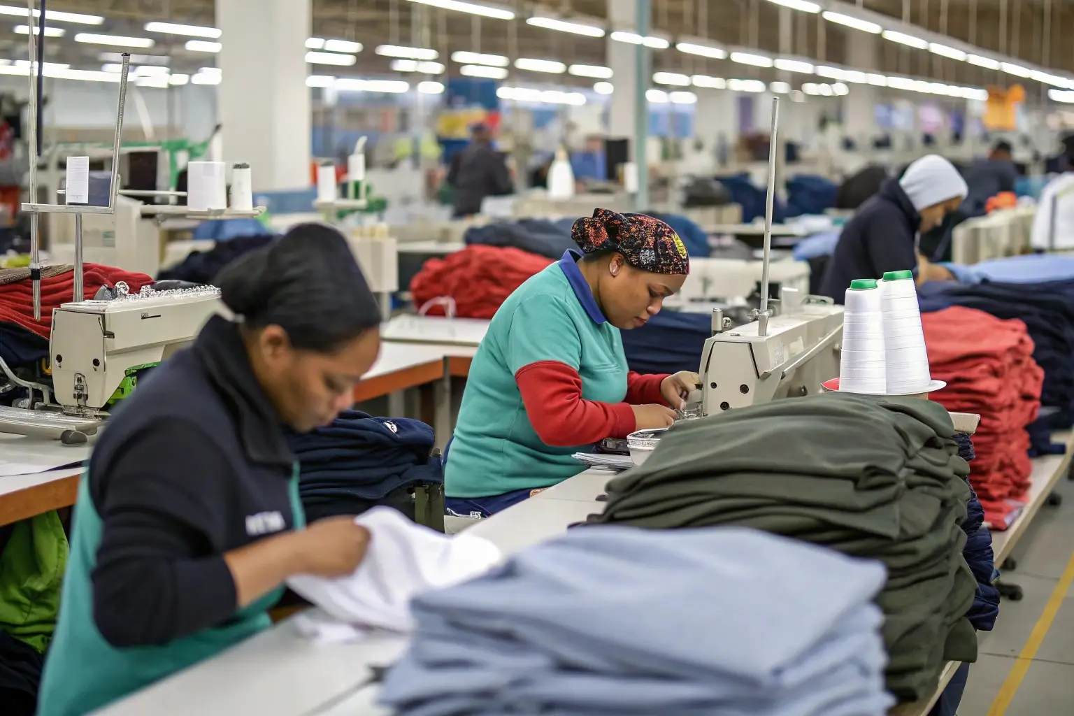 Textile factory workers sewing and inspecting garments for mass production