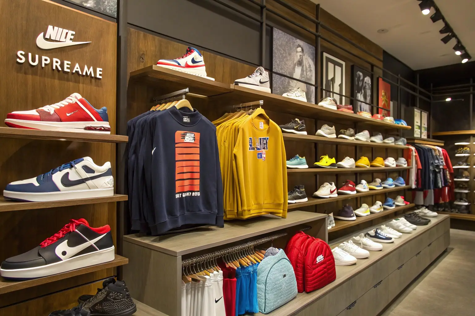 Modern streetwear and sneaker store displaying branded fashion items
