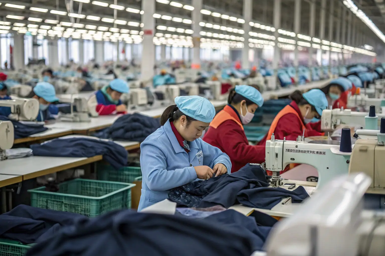 Large garment factory with workers sewing clothing for mass production