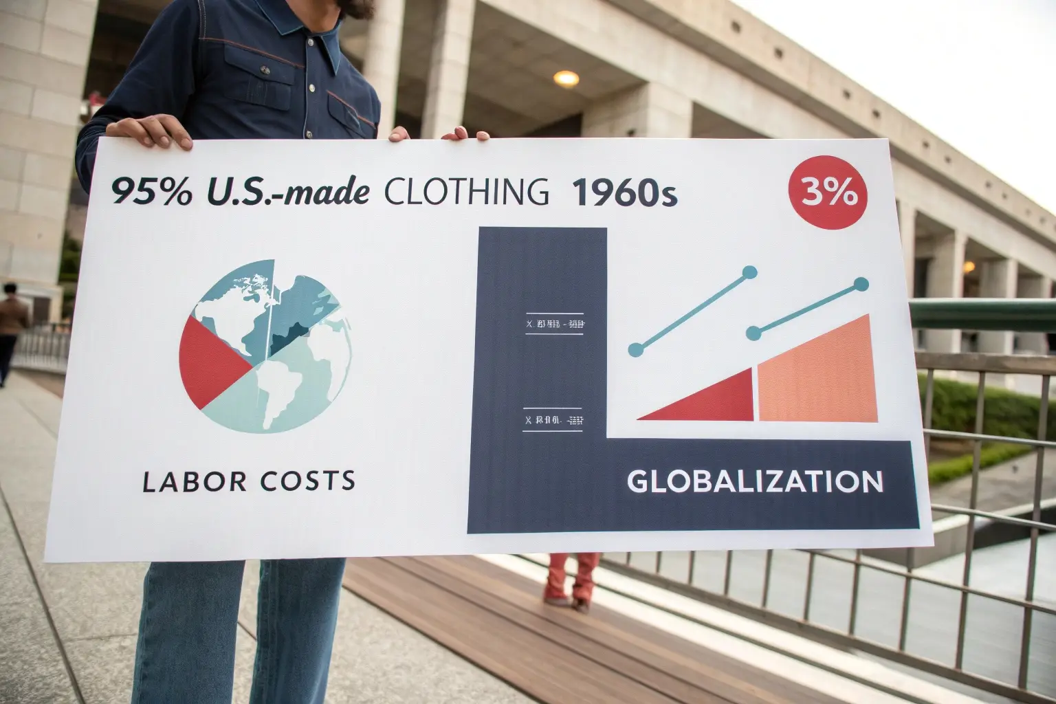 Sign displaying statistics on U.S.-made clothing, labor costs, and globalization