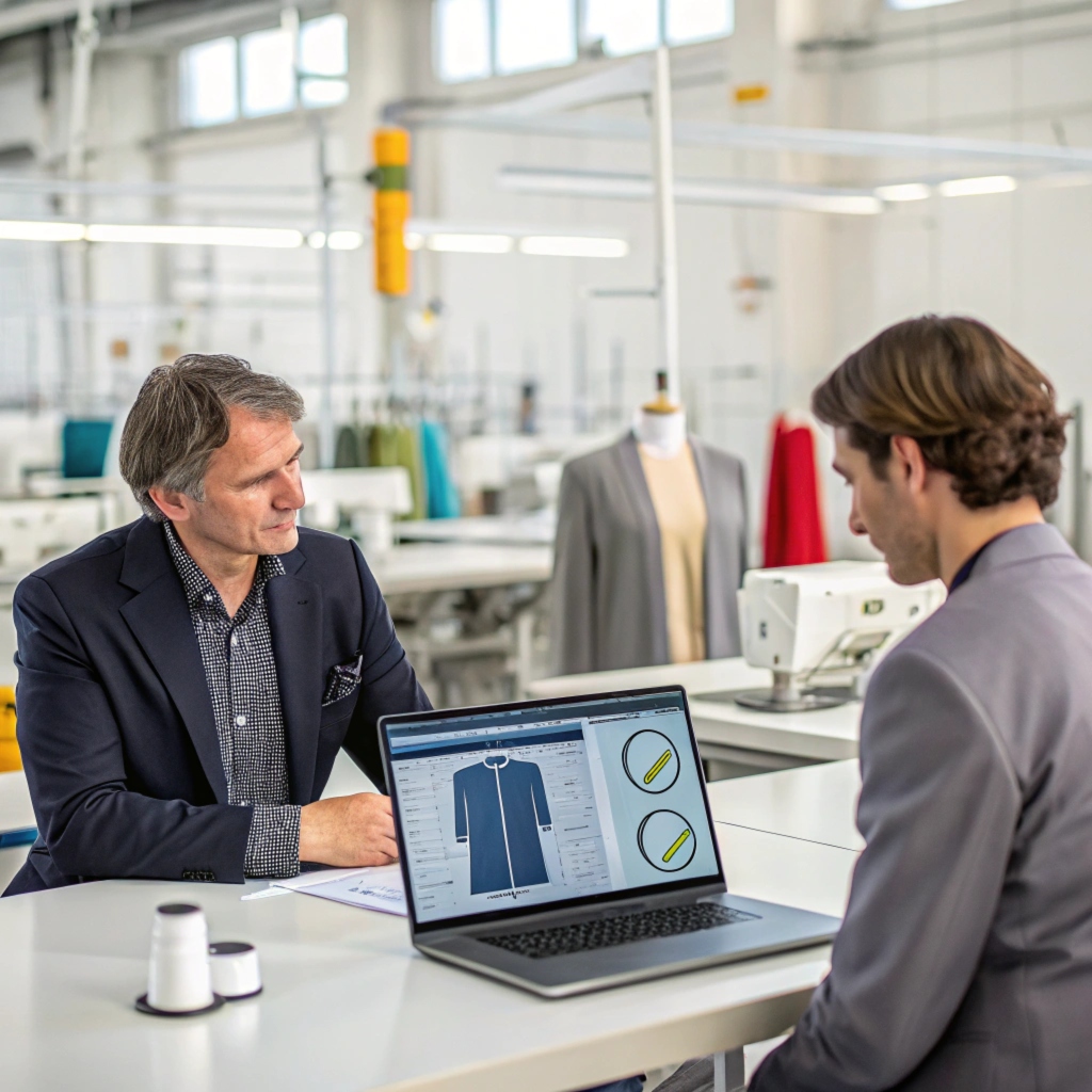 Business meeting in a factory, discussing garment customization on a laptop