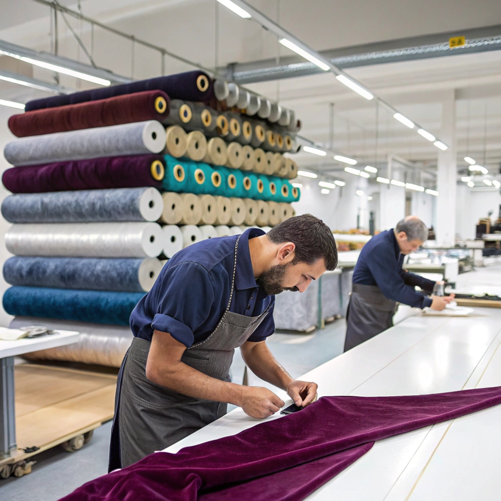 Fabric cutting process, workers handling high-quality materials in a factory