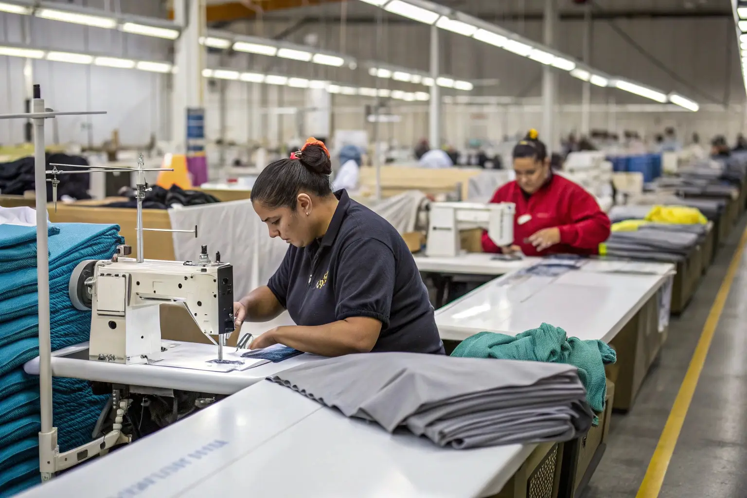 Garment factory workers sewing clothes, textile production process