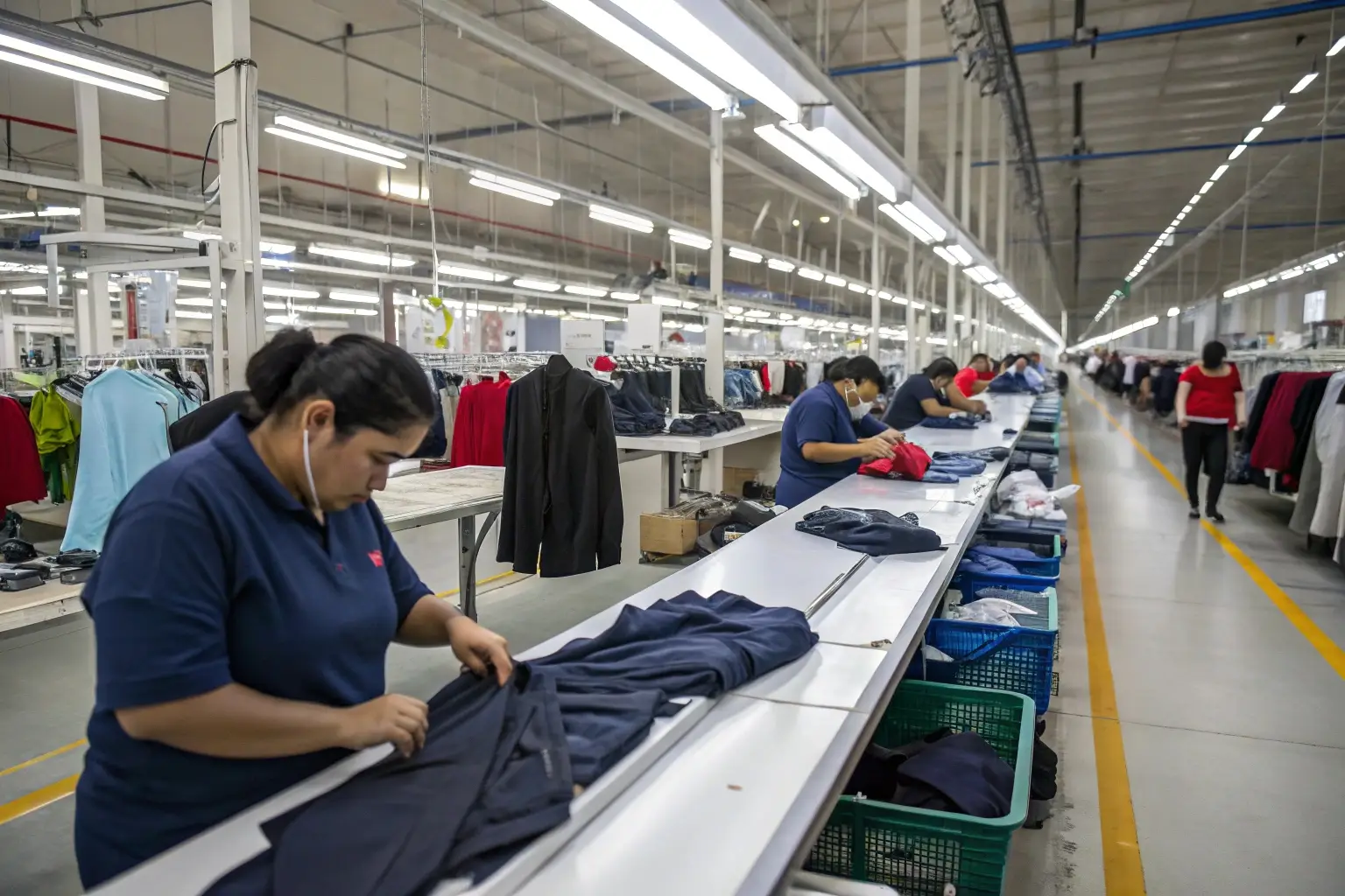 Clothing factory workers inspecting and folding garments, quality control process