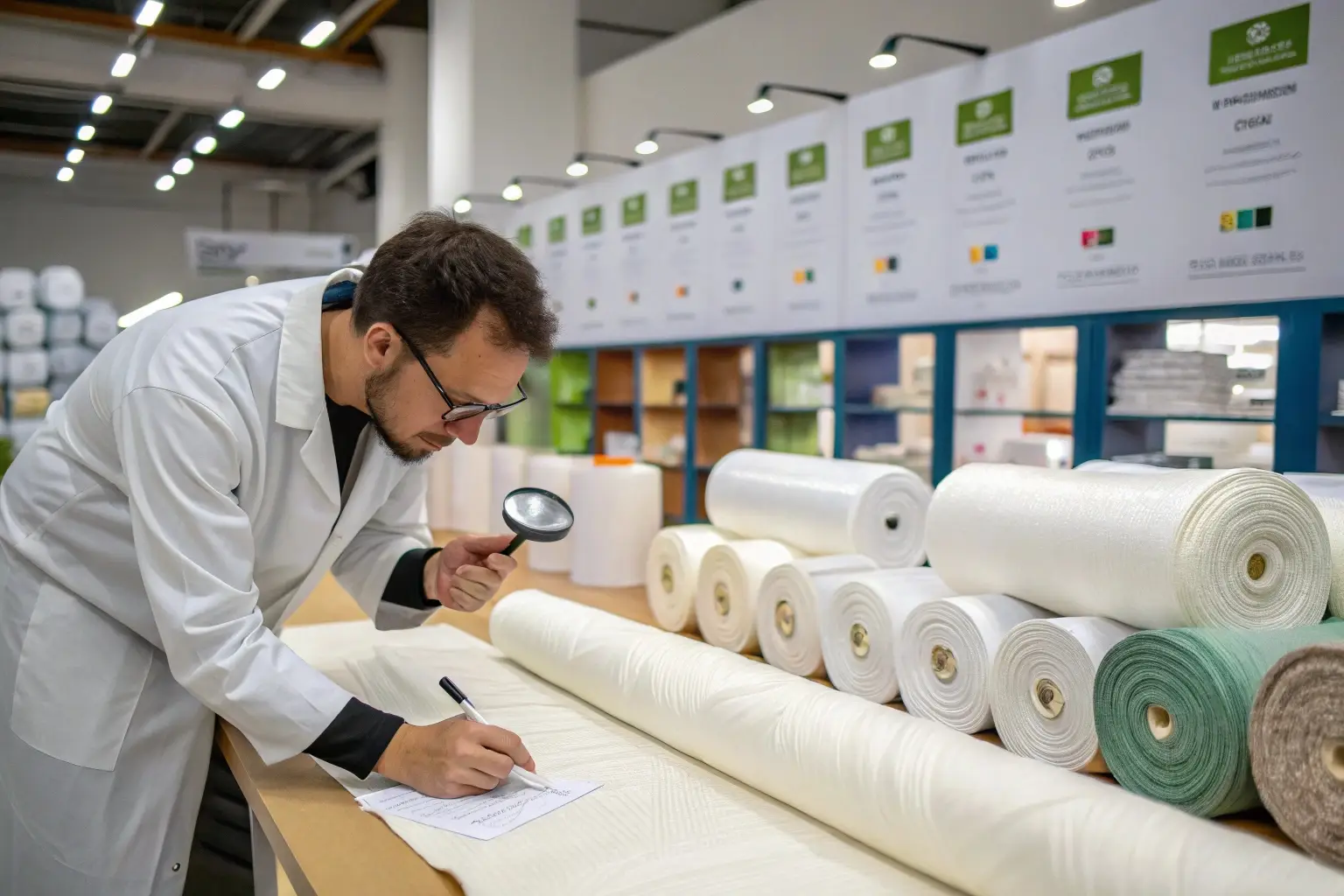 Fabric inspector examining textile quality with magnifying glass