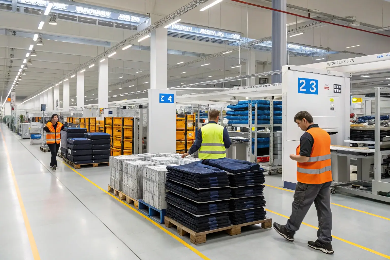 Clothing factory workers handling packaged garments in warehouse