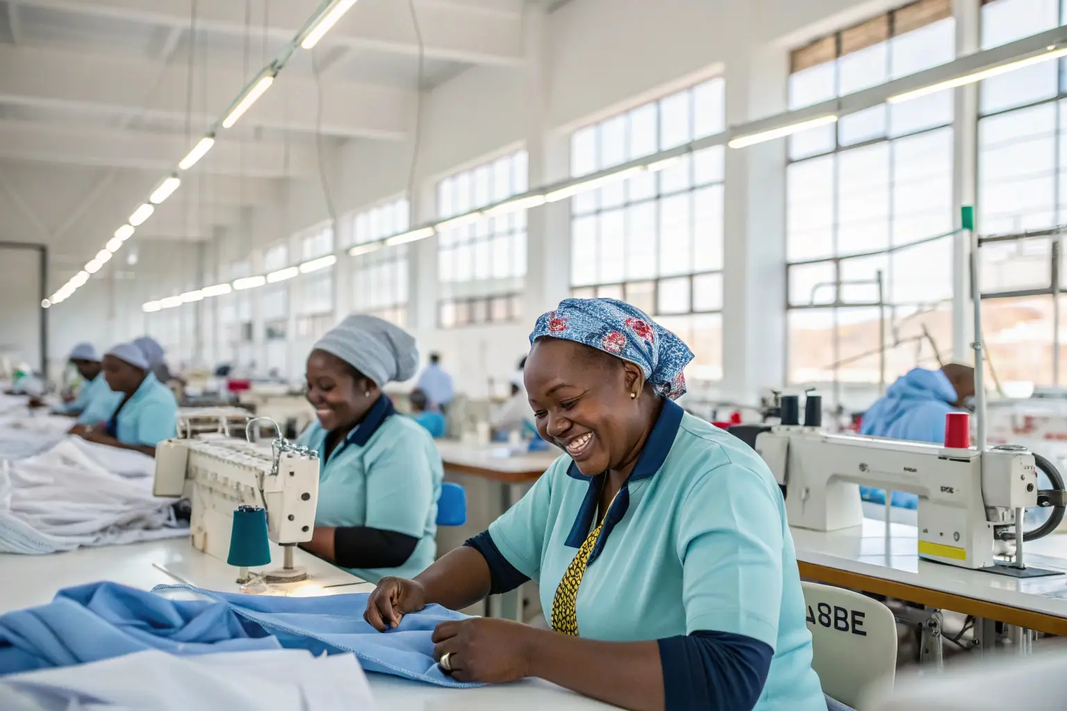 Smiling garment workers sewing in a clothing factory, textile production