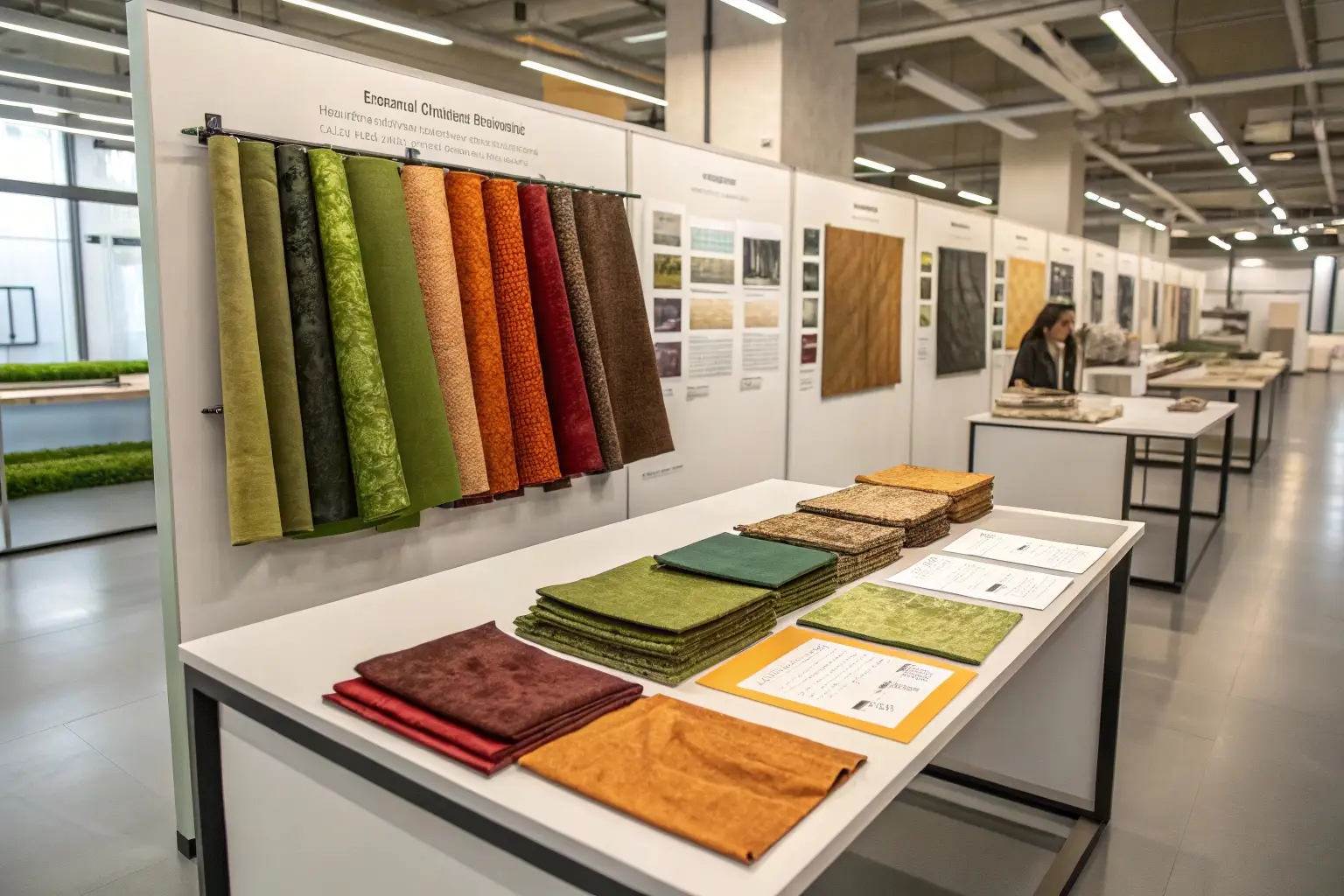 Fabric samples display at textile exhibition, material selection