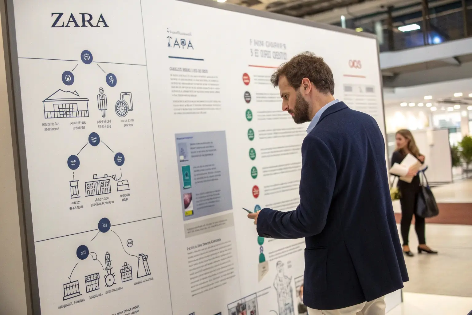 Man reviewing fashion industry presentation at textile trade show