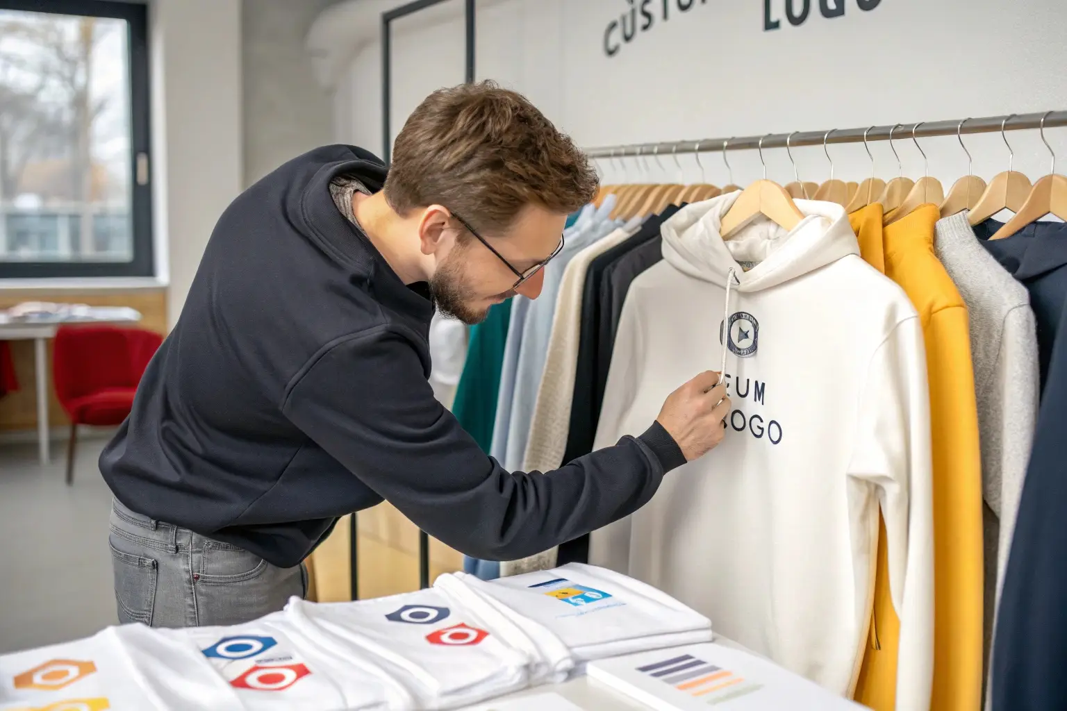 Custom logo hoodie design selection at apparel showroom