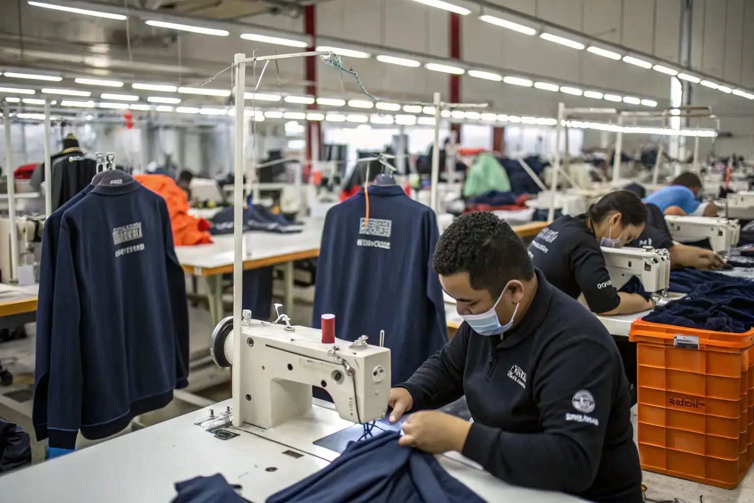 Workers sewing garments in clothing production factory