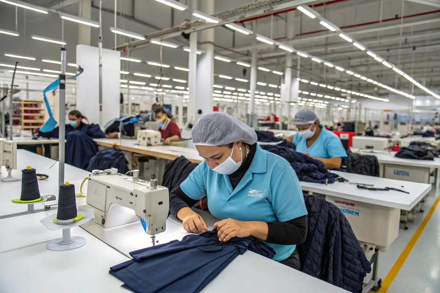 Sewing workers in large garment manufacturing factory